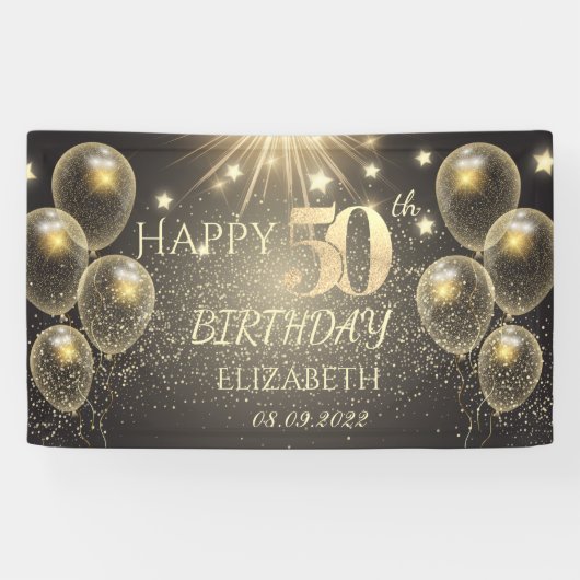 Chic Gold Balloons Stars 50e verjaardag Spandoek (Horizontaal)