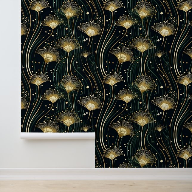 Chic Gold Black Art Deco Fans Behang (Applicatie)
