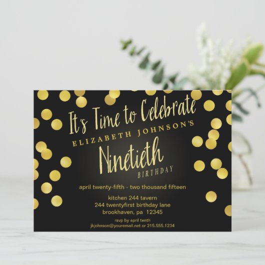 Chic Gold & Black Confetti 90e verjaardag Kaart (Staand voorkant)