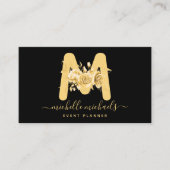 Chic Gold Black Floral Waterverf Monogram Visitekaartje (Voorkant)