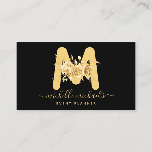 Chic Gold Black Floral Waterverf Monogram Visitekaartje (Voorkant)