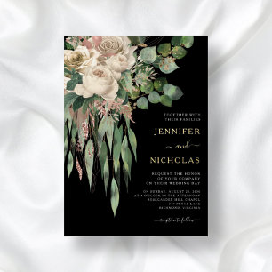 Chic Gold Black Floral Wedding Folie Uitnodiging