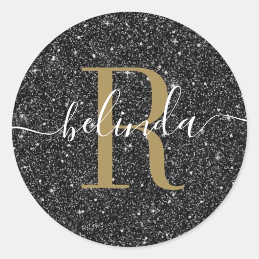 Chic Gold Black Glitter Monogram Naam Ronde Sticker (Voorkant)