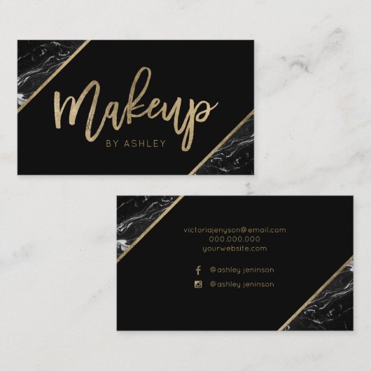 Chic Gold black marble script make-up typografie Visitekaartje (Voorkant / Achterkant)