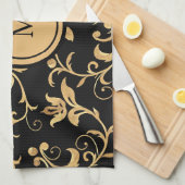 Chic Gold Black Royal Monogram Damask Theedoek (Quarter Fold)