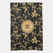 Chic Gold Black Royal Monogram Damask Theedoek (Verticaal)
