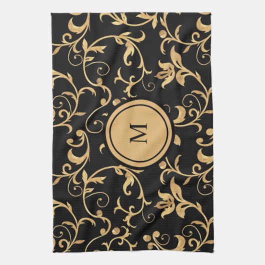 Chic Gold Black Royal Monogram Damask Theedoek (Verticaal)