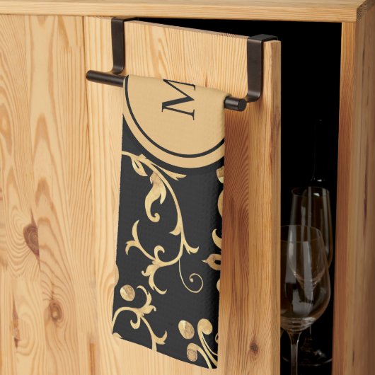 Chic Gold Black Royal Monogram Damask Theedoek (Derde Gevouwen)