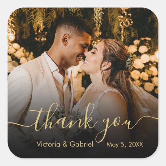 Chic Gold Black Script Weduwen Bedankt Foto Vierkante Sticker (Voorkant)