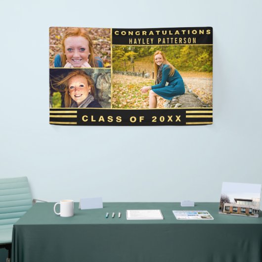 Chic Gold Black Stripes Afstuderen Foto Spandoek (Beurs)