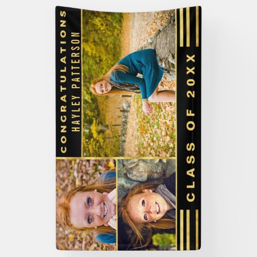 Chic Gold Black Stripes Afstuderen Foto Spandoek (Verticaal)