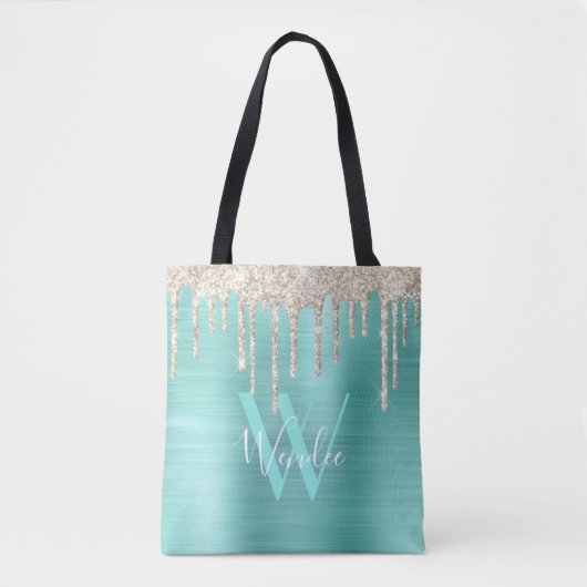 Chic Gold Blauwgroen Drip Glitter Monogram Glam Tote Bag (Voorkant)