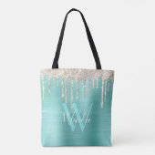Chic Gold Blauwgroen Drip Glitter Monogram Glam Tote Bag (Achterkant)
