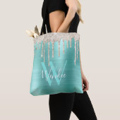 Chic Gold Blauwgroen Drip Glitter Monogram Glam Tote Bag (Dichtbij)