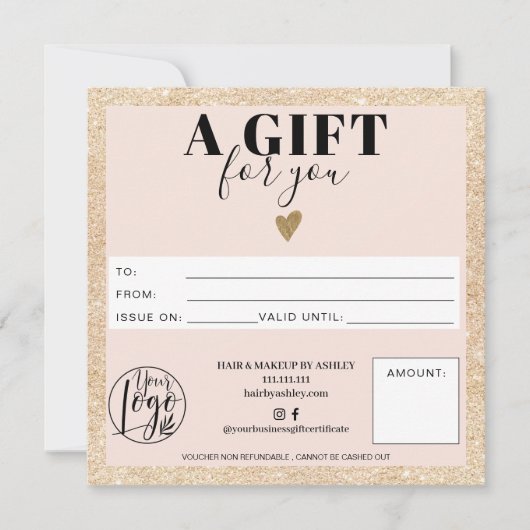 Chic Gold blush roze vierkant cadeaubon logo (Voorkant)