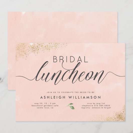 Chic Gold Blush Roze Waterverf Bridal Luncheon Kaart (Voorkant / Achterkant)