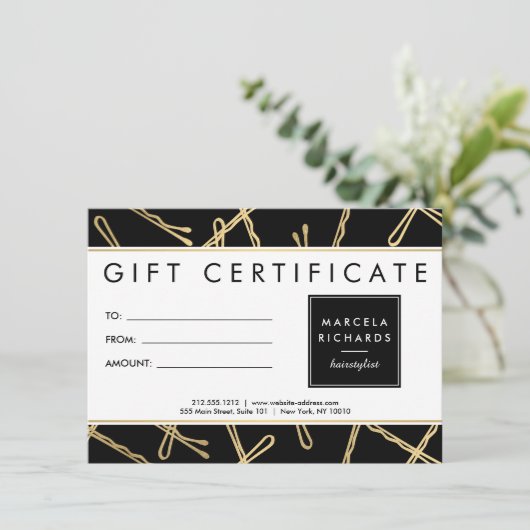 Chic Gold Bobby Pins Hair Stylist Black Gift Kaart (Staand voorkant)