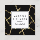 Chic Gold Bobby Pins Hair Stylist Salon Black Vierkante Visitekaartje (Voorkant)
