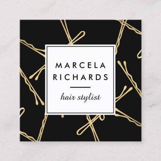 Chic Gold Bobby Pins Hair Stylist Salon Black Vierkante Visitekaartje (Voorkant)