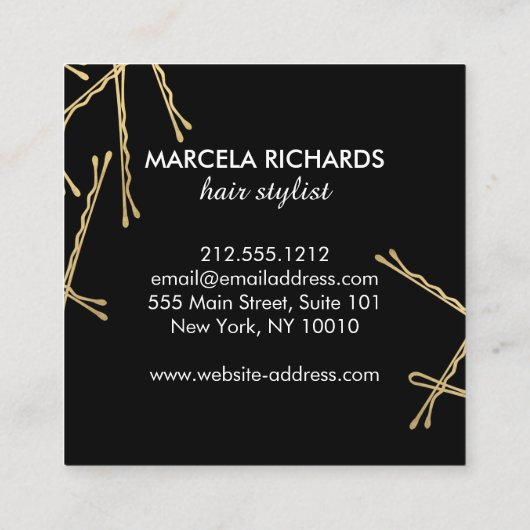 Chic Gold Bobby Pins Hair Stylist Salon Black Vierkante Visitekaartje (Achterkant)