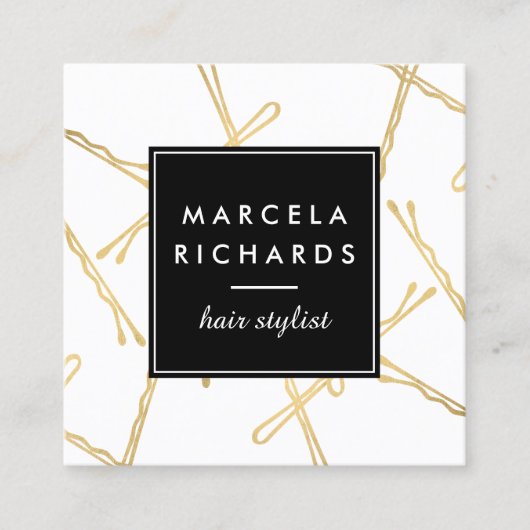 Chic Gold Bobby Pins Hair Stylist Salon Vierkante Visitekaartje (Voorkant)