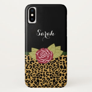 Chic Gold Brown-luipaard print Red Rose met naam Case-Mate iPhone Case