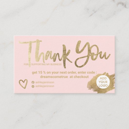 Chic gold brush blush pink chic order thank you visitekaartje (Voorkant)