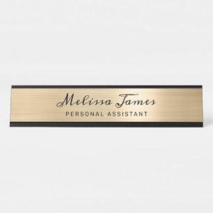 Chic Gold Brushed Metal Black Script Name Bureau Naambordje