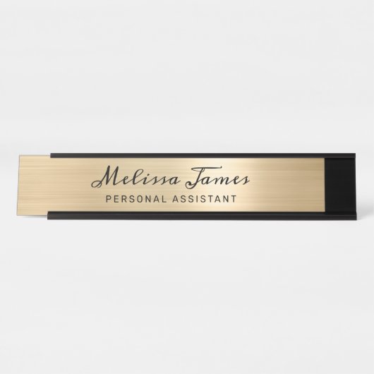 Chic Gold Brushed Metal Black Script Name Bureau Naambordje (Voorkant)