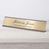 Chic Gold Brushed Metal Black Script Name Bureau Naambordje (Voorkant)