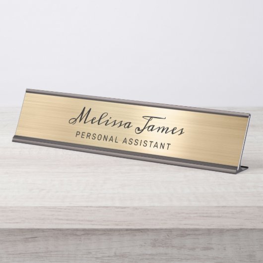 Chic Gold Brushed Metal Black Script Name Bureau Naambordje (Voorkant)