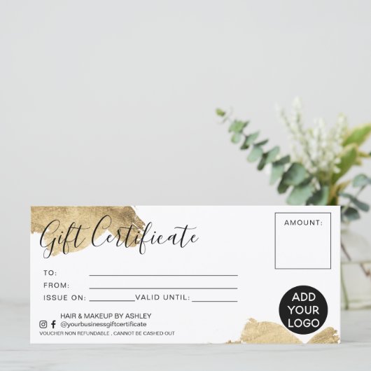 Chic gold brushstroke foil gift certificate logo (Staand voorkant)