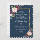 Chic Gold Burgundy Blush Floral Blue Wedding Kaart (Voorkant)