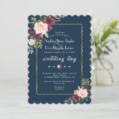 Chic Gold Burgundy Blush Floral Blue Wedding Kaart (Staand voorkant)