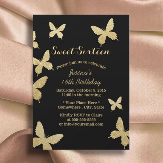 Chic Gold Butterflies Sweet 16 Kaart