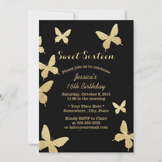 Chic Gold Butterflies Sweet 16 Kaart (Voorkant)