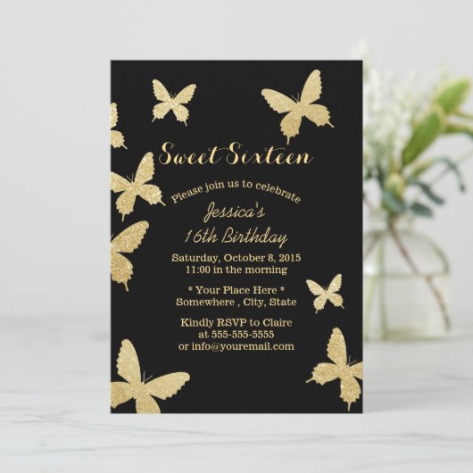 Chic Gold Butterflies Sweet 16 Kaart (Staand voorkant)