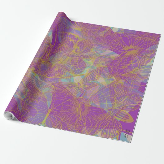 Chic Gold Butterfly Aqua Violet Cadeaupapier (Uitgerold)