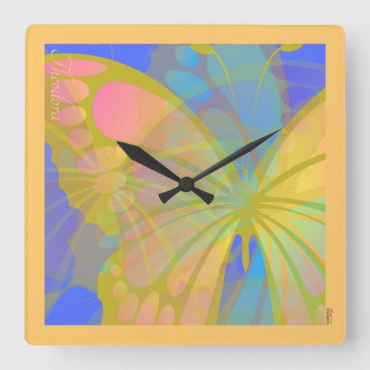 Chic Gold Butterfly Bleu Peach Vierkante Klok (Voorkant)