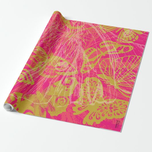 Chic Gold Butterfly Fuchsia Cadeaupapier (Uitgerold)