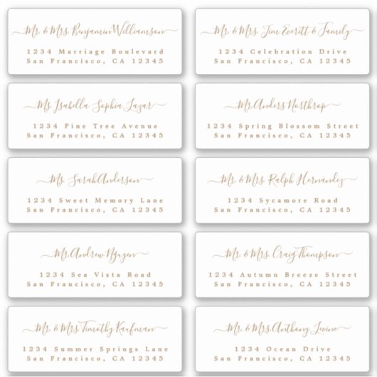 Chic Gold Calligraphy Wedding Guest Adresetiketten Sticker (Voorkant)