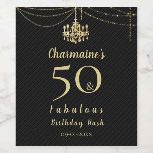 Chic Gold Chandelier 50 & Fabulous Black Birthday Wijn Etiket (Enkel label)
