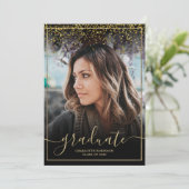 Chic Gold confetti border script foto afstuderen Kaart (Staand voorkant)