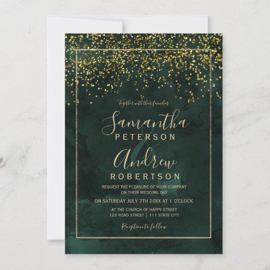 Chic gold confetti green typografie bruiloft kaart (Voorkant)