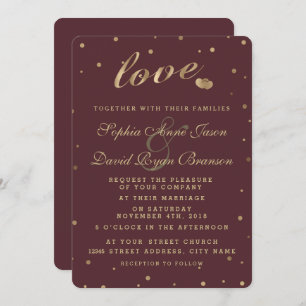 Chic Gold Confetti Love Burgundy Wedding Invite Kaart