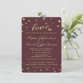 Chic Gold Confetti Love Burgundy Wedding Invite Kaart (Staand voorkant)