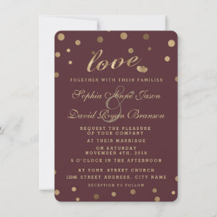 Chic Gold Confetti Love Burgundy Wedding Invite Kaart