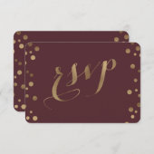 Chic Gold Confetti Love Burgundy Wedding RSVP (Voorkant / Achterkant)