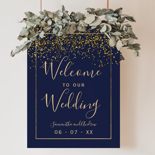Chic gold confetti marvy blue bruiloft welkom poster