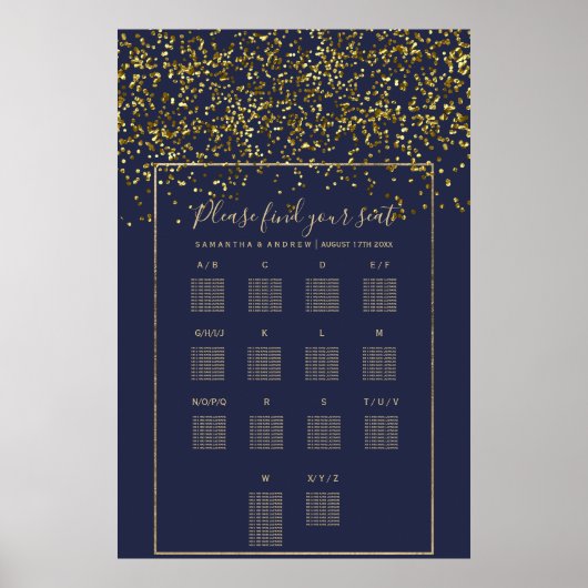 Chic gold confetti marvy blue bruiloft Zitkaart Poster (Voorkant)